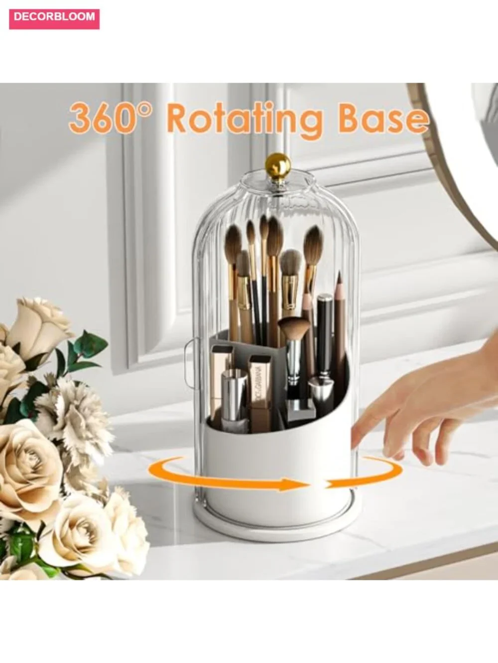 360 Rotating Makeup Brush Holder with Lid Dustproof Organizer